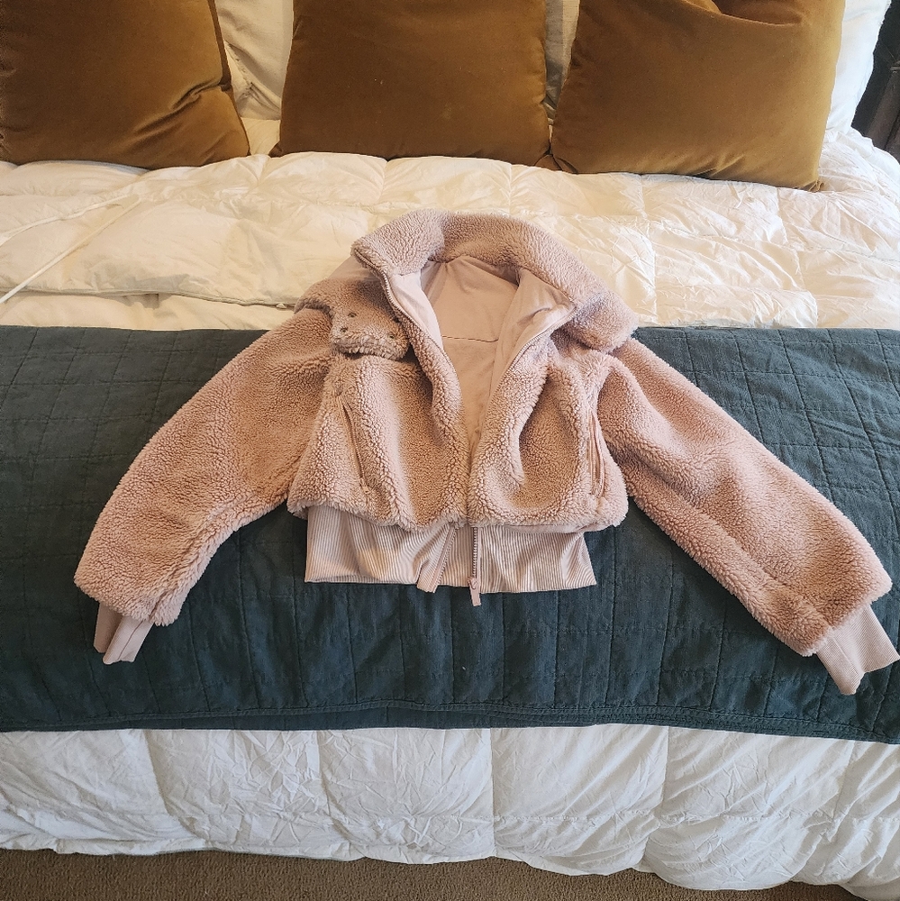 ALO Yoga Plush Pink Bomber Jacket with Ribbed Details